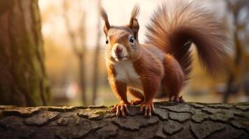 ai generiert ein Eichhörnchen ist Sitzung auf ein Baum Ast im das Wald foto