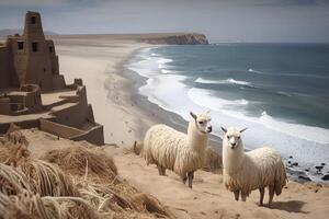 ai generiert Alpakas Peru Paracas Strand Landschaft Sicht. generieren ai foto