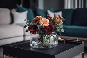 ai generiert Vase mit Herbst Blumen auf schwarz Tisch. generieren ai foto