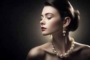 ai generiert Frau mit Perlen Halskette und Ohrringe Porträt. generieren ai foto