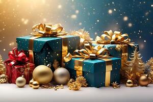 ai generiert Weihnachtsarbeit Haufen von detailliert Weihnachten Geschenke mit Gold im Winter Hintergründe foto