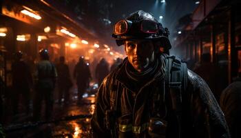 ai generiert Feuerwehrmann Gehen durch Flur. ein Feuerwehrmann Stehen im das Mitte von ein Straße beim Nacht foto