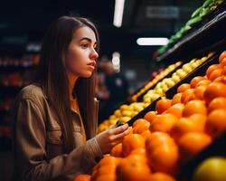 ai generiert Nahansicht offen fotografieren von ein Frau Einkaufen. ein Frau suchen beim Orangen im ein Lebensmittelgeschäft Geschäft foto