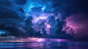 ai generiert Erfahrung das dramatisch Schauspiel von Sturm Wolken drohend Über das Ozean, begleitet durch elektrisierend Blitz. ai generiert. foto