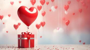 ai generiert ein 3D-artig Rendern von ein Valentinstag Tag Szene mit ein metallisch Ballon im das gestalten von ein Herz und ein Weiß Geschenk Box mit ein rot Band, ai generiert. foto
