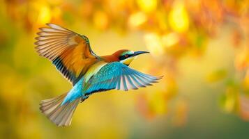 ai generiert bunt Vogel steigt an durch das Luft, beschwingt Gefieder leuchtenden gegen verschwommen Hintergrund, ai generiert. foto