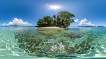 ai generiert Flucht zu ein atemberaubend tropisch Insel durch ein 360 kugelförmig Panorama, umgeben durch klar Wasser und beschwingt Bäume. ai generiert. foto