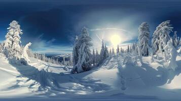 ai generiert einschiffen auf ein winterlich Abenteuer mit ein 360 Grad Aussicht von ein heiter schneebedeckt Landschaft. ai generiert. foto