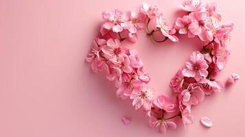 ai generiert ein Blume Herz gestalten auf Pastell- Rosa Hintergrund, perfekt zum Mutter Tag, ai generiert. foto