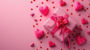 ai generiert Rosa Geschenk Box mit feierlich Herzen auf ein Rosa Hintergrund, ai generiert foto