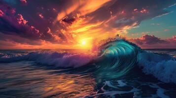 ai generiert Erfahrung das Magie von ein Sonnenuntergang Über das Ozean, mit ein beschwingt, wirbelnd Anzeige von Farben im das Horizont. der Natur Leinwand. ai generiert. foto