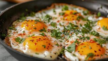 ai generiert in der Pfanne fritiert Eier gewürzt mit Kräuter und Gewürze, ein aromatisch Frühstück Sensation, ai generiert. foto