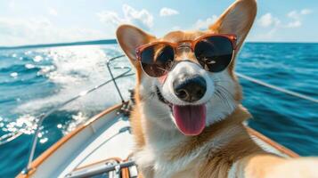 ai generiert ein Corgi Hund ist tragen Sonnenbrille und nehmen ein Selfie auf ein Boot im das Ozean, ai generiert foto