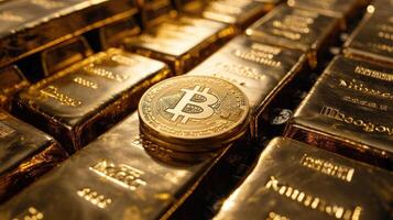 ai generiert Gold Riegel geschmückt mit das Symbol von Bitcoin, mischen traditionell und Digital Vermögen, ai generiert foto