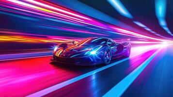 ai generiert Zeuge ein schnelle Geschwindigkeit Sport Auto Rennen auf ein neonbeleuchtet Autobahn, ai generiert. foto