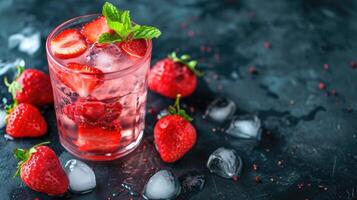 ai generiert ein Glas von Wasser mit Erdbeeren und Eis Würfel auf ein Tisch, ai generiert foto