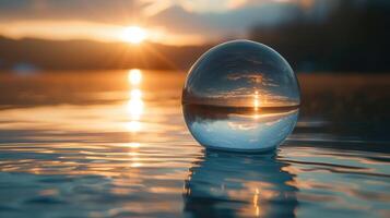 ai generiert Erfahrung das Gelassenheit von ein Glas Ball bereit zart auf das Ruhe Gewässer, ein Moment von rein Ruhe. ai generiert. foto