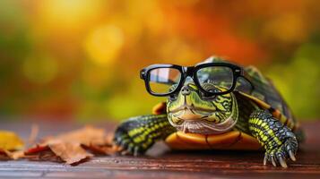 ai generiert ein klein, braun Schildkröte ist Sitzung auf ein Tisch, tragen ein Paar von runden, schwarz Gläser, ai generiert foto