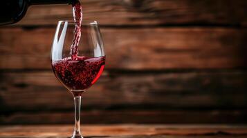 ai generiert ein Glas von rot Wein ist Sein gegossen von ein Flasche auf zu ein hölzern Tisch, ai generiert foto