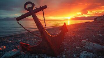ai generiert beim Sonnenuntergang, ein Anker ruht auf das sandig Strand, ein Symbol von maritim Ruhe, ai generiert foto