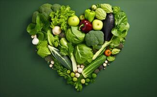 ai generiert Herz geformt frisch Gemüse auf Grün Hintergrund, ai generiert foto