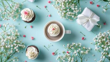 ai generiert ausdrücken Zuneigung zum Ihre Mutter. ein Overhead eben legen Anzeige von Cupcakes, die Geschenke, ein Tasse von warm Kaffee, ai generiert. foto