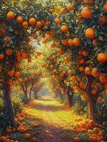 ai generiert üppig Orange Obstgarten, Bäume beladen mit Zitrus, ein beschwingt Oase von Frische, ai generiert. foto