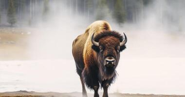 ai generiert ein einsam Bison Weiden lassen in der Nähe von ein heiß Frühling, verschleiert im Morgen Nebel foto