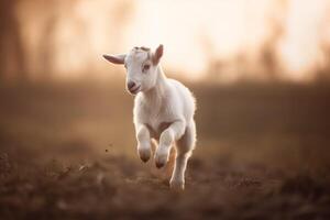 ai generiert Springen süß wenig Ziege auf Ackerland. generieren ai foto