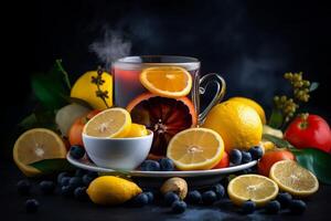 ai generiert frisch Früchte Tee mit Zitrusfrüchte Zitrone Scheiben. generieren ai foto