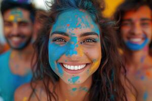 ai generiert bunt Regenbogen indisch Menschen feiern holi Festival foto