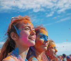 ai generiert bunt Regenbogen indisch Menschen feiern holi Festival foto