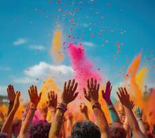 ai generiert bunt Regenbogen indisch Menschen feiern holi Festival foto