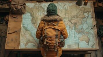 ai generiert weiblich Reisebericht mit Karte und Laptop auf Tabelle foto