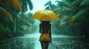 ai generiert Frau mit ihr zurück im schön Tropen im das regnerisch Wetter foto
