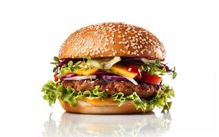 ai generiert appetitlich Burger auf ein Weiß isoliert Hintergrund foto