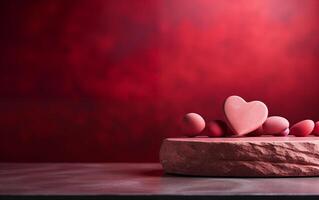 ai generiert leeren Holz Stein Podium Tabelle Valentinstag Tag rot Hintergrund mit Herzen foto