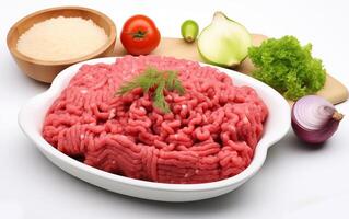 ai generiert frisch gehackt Fleisch bereit zum Kochen isoliert auf Weiß Hintergrund foto
