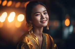 ai generiert Chinesisch Mädchen tragen golden Kimono und Ohrringe. generieren ai foto