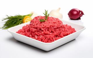 ai generiert frisch gehackt Fleisch bereit zum Kochen isoliert auf Weiß Hintergrund foto