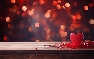 ai generiert leeren Holz Stein Podium Tabelle Valentinstag Tag rot Hintergrund mit Herzen foto