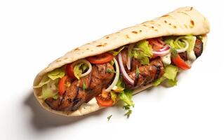 ai generiert lecker gebraten gegrillt Kebab isoliert auf Weiß Hintergrund foto