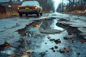 ai generiert Straße Riss im das Straße und Auto ziehen um auf Asphalt Oberfläche foto