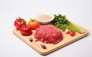 ai generiert frisch gehackt Fleisch bereit zum Kochen isoliert auf Weiß Hintergrund foto