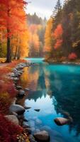 ai generiert heiter See reflektieren beschwingt Herbst Farben foto