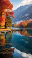 ai generiert heiter See reflektieren beschwingt Herbst Farben foto