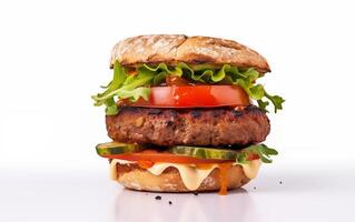 ai generiert appetitlich Burger auf ein Weiß isoliert Hintergrund foto