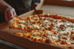 ai generiert öffnen Box mit köstlich Pizza im Hand foto