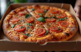 ai generiert öffnen Box mit köstlich Pizza im Hand foto