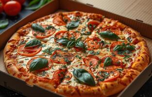 ai generiert öffnen Box mit köstlich Pizza im Hand foto